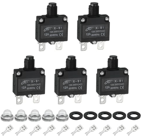 QUARKZMAN 5PCS Interruttori Termici 12A 125/250V AC 32V DC Interruttore | Di Protezione Sovraccarico, Con Reset Manuale A Pulsante, Con Terminali E Cappuccio Impermeabile, X-B1