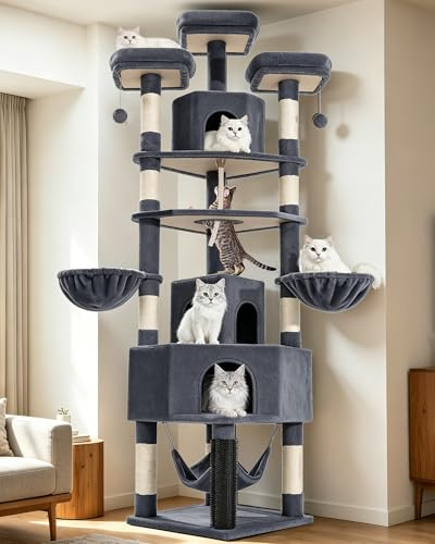 Fobyfurny Cat Tree Tower, 220cm Scratching Tree for Large Cats, Dark Grey | Large Cave, 3 Top Perches, 8 Sisal Posts, Hammock, Baskets, Grooming Post, Multi-Level Play Tower for Indoor Cats