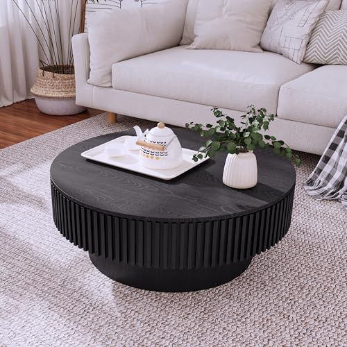 FammyLoft Couchtisch mit Stauraum, Modern Round CoffeeTable mit Fluted Design, Klein Kaffeetisch für Kid & Pet Friendly, Sofa Tisch, Center für Wohnzimmer/Balkon/Schlafzimmer, 75cm, Schwarz