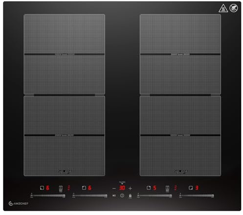 AMZCHEF Placa de Inducción 60 cm, 4 Zonas con 2 Flex, Boost 7200W