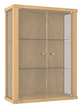 K-Möbel Hängevitrine Glas (80x60x25cm) - Made in Germany - Glasvitrine hängend mit 2 höhenverstellbaren Glasböden aus ESG in Buche - Schrank mit Glastüren - Wandvitrine - Display Cabinet
