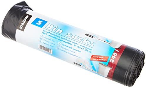 Papstar Müllsäcke / Müllbeutel (5 Stück), 240 l, schwarz, aus LDPE-Folie, 125 x 100 x 125 cm, für Sperrmüll und Rollcontainer-Mülltonnen, extra groß, extra stark, extra reißfest #12126