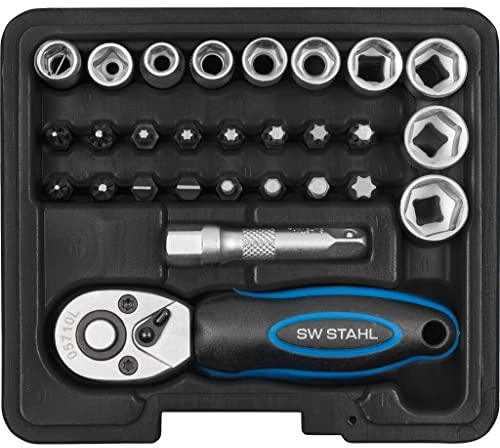 SW-Stahl S2143 Steckschlüsselsatz - 29-teilig - 1/4 Zoll Knarrenkasten | Werkzeugsatz mit 72-Zahn Mini-Umschaltknarre, Chrom-Vanadium-Stahl, Sechskant-Einsätze 5-13 mm, Bits und Kunststoffkassette