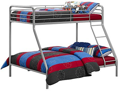 DHP Triple Metal Bunk Bed Frame – Single Over Double Bunk Bed for Kids & Adults – Heavy Duty Metal Bed Frame with Slanted Safety Ladder & Guardrails, No Mattress, Silver/Grey (198 x 144 x 160 cm)