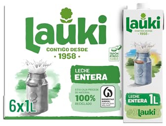 Lauki - Leche Entera de Bienestar Animal - Sin Azúcar Añadido y Sin Gluten - Brik UHT Pack 6 x 1L | Leche UHT entera procedente de granjas de bienestar animal. Sin azúcares añadidos ni gluten. Pack 6 briks de 1 litro.
