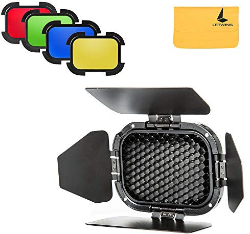 GODOX BD-07 Dedicated Barn Door with Honeycomb Grid and 4 Color Gel Filters (Yellow, Green, Red, Blue) for GODOX AD200 Pocket Speedlite Fresnel Flash Head + LETWING Clean Cloth