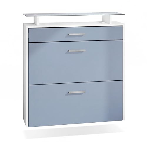 Vladon Schuhschrank Malea, hängender Schuhkipper für 16 Paar Schuhe mit 2 Klappen und 1 Schublade und Glasablage, Weiß matt/Denim matt (89 x 96 x 23 cm)
