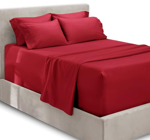 Hearth & Harbor Extra Deep Pocket Queen Sheets Set - 6 Piece Queen Size Sheets - Burgundy
