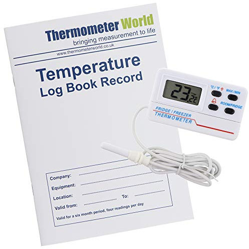 Libro de registro de temperatura con termómetro digital para frigorífico y congelador con alarma de advertencia de temperatura y función máxima mínima y cable de 1,2 m