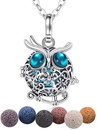 Eudora Collier diffuseur d'huiles essentielles d'aromathérapie pour Femmes Filles, Pendentif médaillon Hibou Sage plaqué Argent avec chaîne de 60.96cm et Perles de Lave 7 pièces