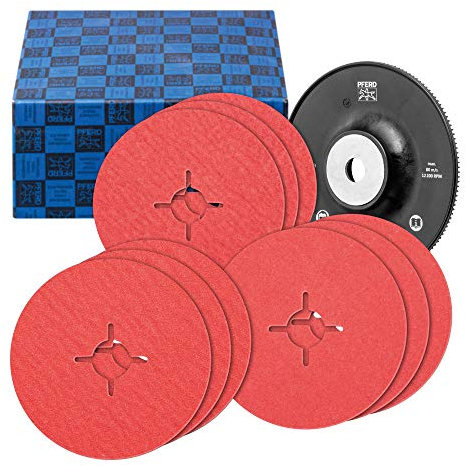 PFERD Fiberscheiben-Set, 10-tlg. | Keramikkorn Ø125mm CO-COOL 36, 60, 80 mit Hochleistungs-Stützteller | 64198002 –