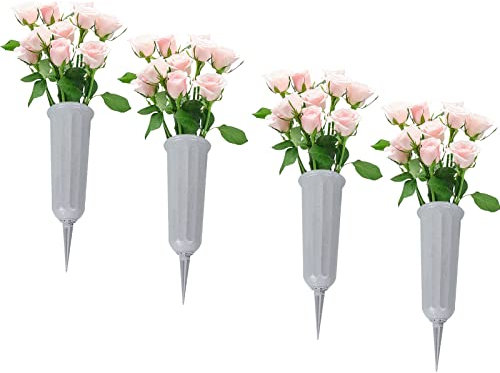 Grabvase aus Kunststof Steckvase,wetterfeste Friedhofsvasen mit Erdspieß Blumenvase für Grab,Trauerschmuck Cemetery Cone Blumen-Vase Weiß Blumenständer frostsicher Steckvase für Grab (4 Pcs)