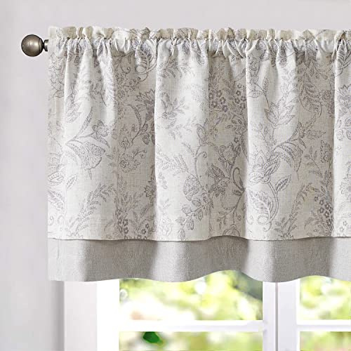 TOPICK Rideau Cuisine Fleuris Gris Rideau Occultant Opaque Court Brise-Bise Cantonnière Double Petit Style Rustique Vintage Draperie Intérieur Passe-Tringle Fenetre Placard 125 x 45 cm (L x H)-1PC