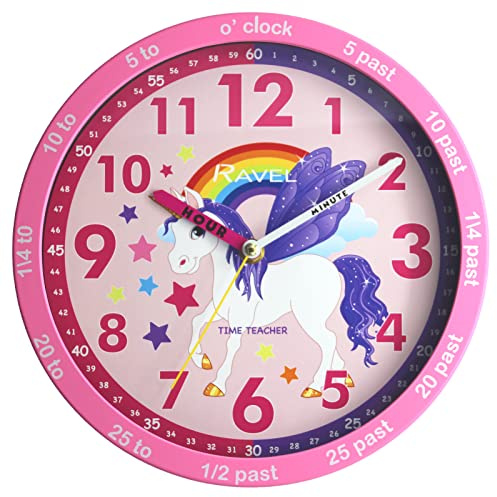 Ravel Children's 25cm Time Teacher Wall Clock - R.KC.10 - Analogue Quartz - Pink Unicorn/Pink Dial
