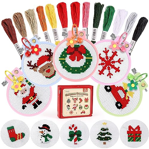 Caydo 46-teiliges Weihnachts-Kreuzstich-Set für Kinder, beinhaltet 10 vorgedruckte Kreuzstichmuster, 5 Mini-Stickrahmen, 13 Stickgarn-Stränge, 5 Schlüsselanhänger, Stickwerkzeuge und Anleitungen.