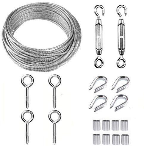 Gartendraht 30 m/2 mm Edelstahl-Drahtseil-Set, M5 Spannschloss-Drahtspanner-Set, Zaun-Drahtrolle, Kabelgeländer-Set, 2 mm PVC-beschichtetes Drahtseil, Metallkabel, Rankenaugen für Kletterpflanzen (15