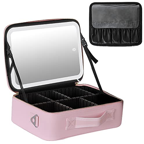 Große Kapazität Kosmetiktasche mit Spiegel und Licht, Professionelle Kosmetiktasche mit Beleuchtetem Spiegel, Tragbare Kosmetiktasche, Kompakt und Praktisch (rosa, klein)