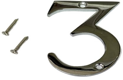 3 Inch Polished Chrome Screw-On Number 3 – House Door Numeral for Front Door, Gate, or Address Sign