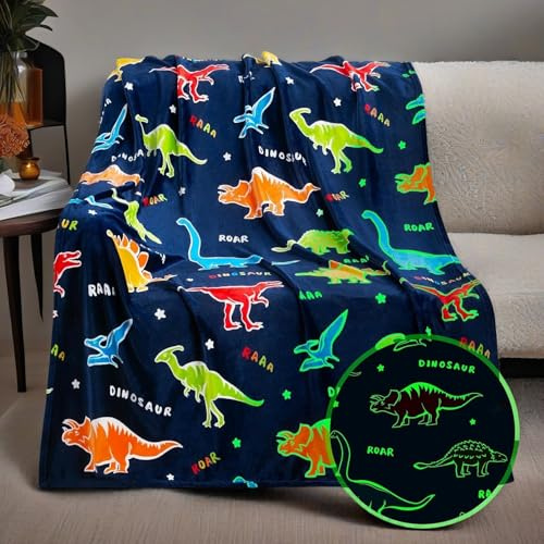 HSGLGNA Kuscheldecke Kinder Dinosaurier Decke Leuchtet im Dunkeln,Dinosaurier Muster Weiche Mikrofaser Flauschig Decke,Tolle Geschenke für Dino Liebhaber (Dinosaurier D, 130x150 cm)