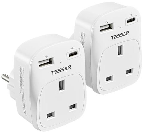 UK to European Plug Adapter 2 Pack, Schuko Grounded Euro EU Plug Adapter with 2 USB Ports (1 USB C), for Most of Europe Spain Germany France Iceland Poland Russia and More (Type E F) White