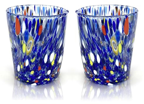 MAZZEGA ART & DESIGN - Verres Tumbler Colombina en Verre Soufflé et Travaillés à la Main avec des Murrines de Murano, ligne « Les Couleurs de Murano » 350 ml. Fabriqué en Italie. (2, BLEU)