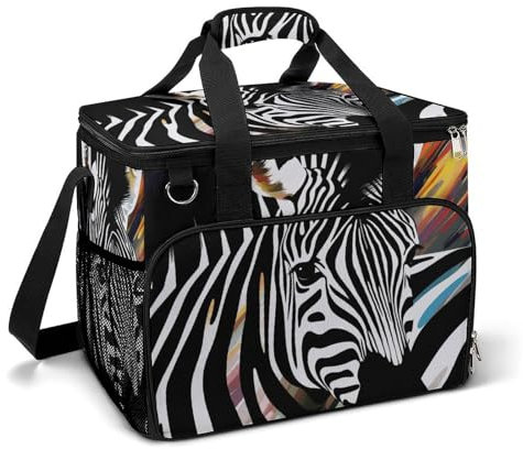 LFDSPYJE Kühltasche Isolierte Lunchtasche mit Seitentasche Abstraktes Tier Zebra Große Lebensmitteltasche Wiederverwendbare Lunchbox für Camping Strand