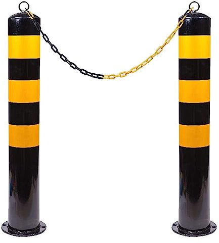 2er-Pack Parkpfosten für die Auffahrt, Stabiler Pollerpfosten aus Metall und 5 m Lange Kette für den gewerblichen oder privaten Gebrauch mit Reflektorstreifen (Schwarz, 750 x 114 mm)
