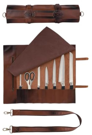 Leathershire Full Grain Leather Chef Knife Roll Bag Professional Knife Tool Holder Case, Kitchen Knife Organizer Chef Roll for Culinary Students & Chefs Birthday Gift (Distressed Brown, 7 Pockets)