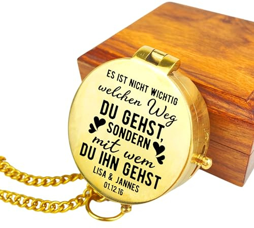 Lasernauten Personalisierter Kompass mit Gravur Wunschmotiv Liebe und Wunschtext Name Diverse Designs Messing Ledertasche Geschenkbox Geschenkidee (poliert/glänzend)
