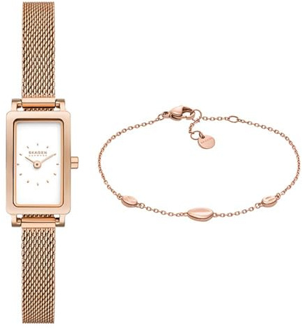 Skagen Damen Hagen Micro Roségold-Ton Edelstahl-Uhr und Anja Pebbles Armband, Set