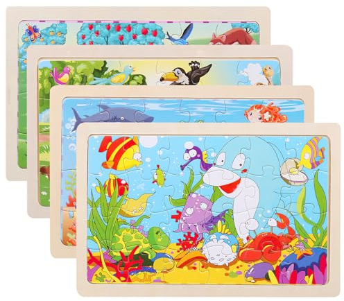 Puzzle Tiere Holz Kinder 3 4 5 6 Jahre, 4 × 24 Teile Puzzle Tier Lernspielzeug Montessori Geschenk für Kinder für Jungen und Mädchen