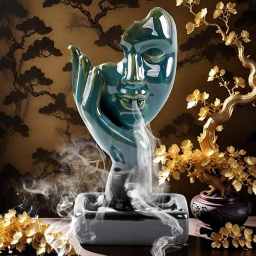 Rückfluss Räuchergefäß, RäucherstäbchenHalter Keramik, Handgefertigter Räucherwasserfall Räucherbrunnen, mit 20 Rückfluss Räucherkegel, Räucherstäbchen, 1 Pinzette, für Meditation, Heimdekoration