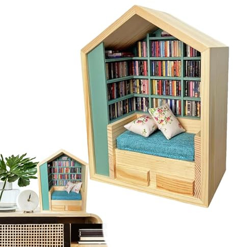 jlceh Holzhaus-Set, Puzzle-Buchecke – -Bibliothek für kleine Häuser, kreatives Handwerk, Holzdekoration, winzige Welt im Inneren aus für und Mädchen