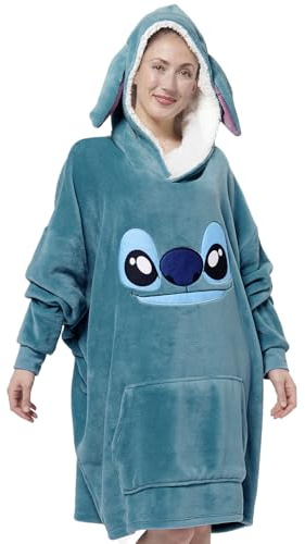 United Labels Disney Lilo & Stitch Oversize Hoodie Decke mit Ärmeln und Kapuze für Damen, Blau, Ohana, Kuschelpullover Einheitsgröße, Flauschiger Deckenpullover