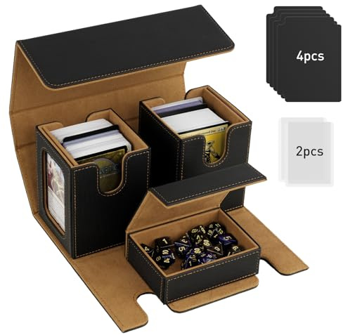 TiMOVO Caja Deck Commander MTG para Cartas YuGiOh TCG CCG, Oro Negro | Cabe 200+ Cartas Con Doble Funda, Estuche Magnético De Piel, 2 Exhibidores Commander & 4 Separadores & Bandeja Para Dados