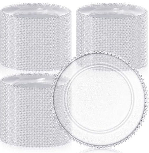 Hoolerry 100 Pack Clear Charger Plates Bulk 13 Inch Acrylic Round Dinner Charger Plates Beaded Frosted Grain Dinner Decorative Dishes for Wedding Party Events Home Kitchen Tabletop(Clear,Beads)
