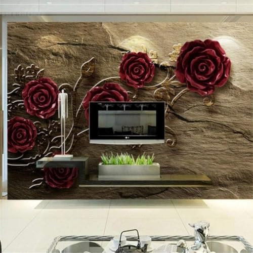 Rose Rosse In Rilievo Foglie D'Oro Pietra Arenaria 3D Carta Da Parati Per Mobili Sfondi Ufficio Divano Camera Da Letto Sfondo Decorazione Murale-150cm×105cm