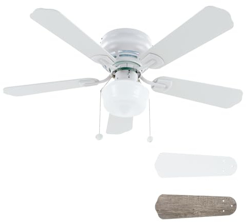 Vagizm 42 Flush Mount Ceiling Fan Matte White Traditional Ceiling Fan with Light & Pull Chain - Low Profile Design - Indoor Use