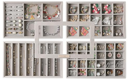 Frebeauty Stackable Jewelry Trays,Velvet Jewelry Organizer for Drawer,5-in-1 Jewelry Storage Box with Lid,Vanity Jewelry Display for Earrings Necklaces Rings,10.5 x 6.5 x 5.55 Inches,Gift for Women