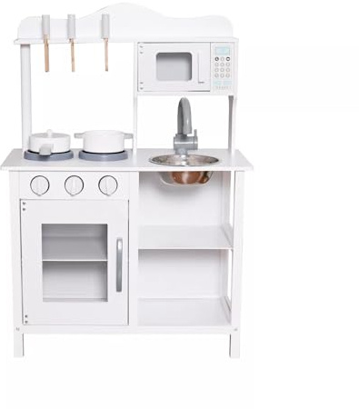 Wooden Pretend Play Kitchen Set for Kids – Includes Cooking Utensils & Toys for Boys & Girls – Fun Role Play Game, Gift Idea for Toddlers & Children (White)