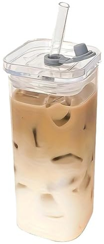 Cute Clear Glass Tumbler 12oz with Lid & Straw, Iced Coffee Cup for Smoothies, Matcha, Latte, Tea, Reusable Drinking Glass for Family Friend