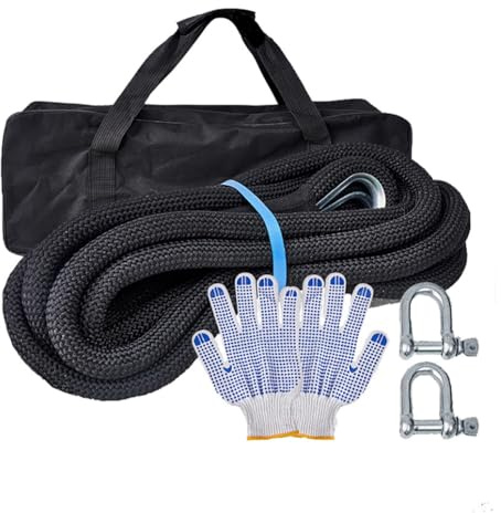 Corde de récupération cinétique de 2,5 cm x 9,8 m (8 028,6 kg) – 2 manilles antivol en U de 1,9 cm, sac de rangement, sangle élastique pour camion, voiture, VTT, tracteur (noir, 3 tonnes, 5 mètres)