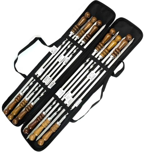 Set aus 12 Schaschlikspießen 65 cm lang 1,2cm breit 3mm Stark mit Tasche Schampura Grillspieße aus Edelstahl Fleischspieße BBQ Lagerfeuer Spieße Edelstahlspieß mit Holzgriff