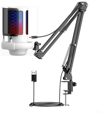 Hasaller Microfono USB per gioco con cancellazione del rumore microfono a condensatore cardioide 192 kHz/24 bit luce RGB per PC, laptop, telefono, controllo del guadagno regolabile, supporto incluso
