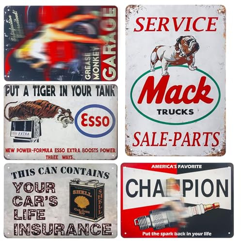 BAIFULAI Set di 5 targhe metalliche per garage Retro: 20 × 30 cm, olio motore a gas antico, targa in metallo di alta qualità per moto, per garage, officina, bar, arte classica automobilistica da