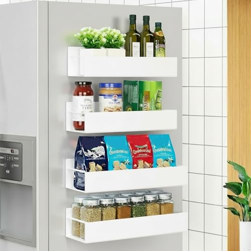 KedioPio Magnetisches Regal Kühlschrank Weiß, 4 Stück Magnetisches Gewürzregal Kühlschrank mit 4 Haken, Regal Magnetisch Gewürzregal Magnetisch für Küche Aufbewahrung und Organisation, Weiß
