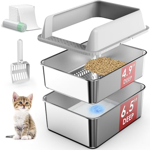 Stainless Steel Litter Box with Lid, Sifting Litter Box for Pine Pellets, 17.3”×13.4 ”×12” Enclosed Metal Litter Boxes for Small Cats & Kittens, High Sided Anti-Leakage, Easy Cleaning, Less Tracking | 17.3”×13.4”×10.5” Stainless Steel Litter Box with Lid, Low Entry for Kittens & Small Cats, Anti-Leakage, Easy Cleaning