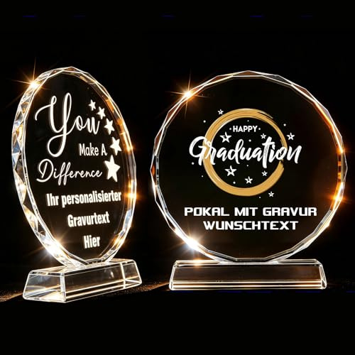 RSQGT Pokal mit Gravur Wunschtext Individueller Kristallpokal aus K9 Glas Personalisierbar mit Foto Logo komplexen Motiven Trophäe für Sport Firmen Abschiedsgeschenk Kollegen