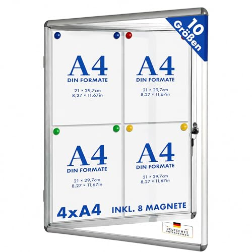 MoB Schaukasten 4xA4 Wetterfest inkl. 8 Magnete Infokasten Aushangkasten Magnetisch & beschreibbar Plakatschaukasten mit Alurahmen & Acrylglas