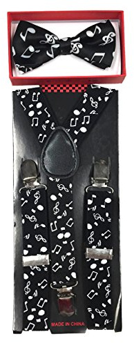 Toddler Kids Boys Girls Child Suspender Bow Tie (Black w/Music Notes)